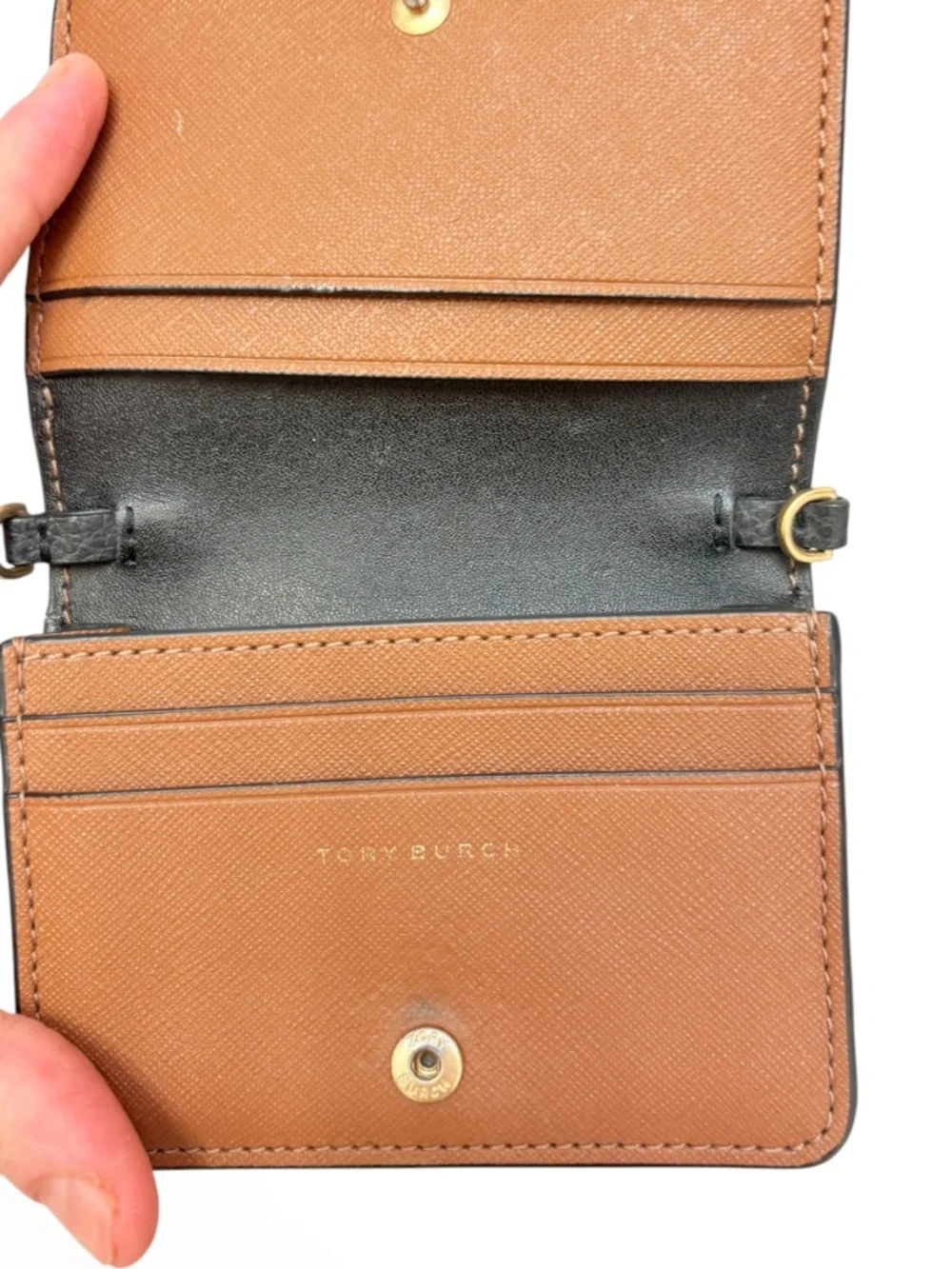 Tory Burch black leather mini card holder wallet potential crossbody bag